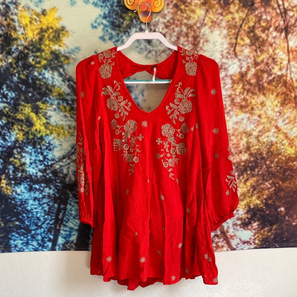 Free People Red Embroidered Long Sleeve Dress worn once